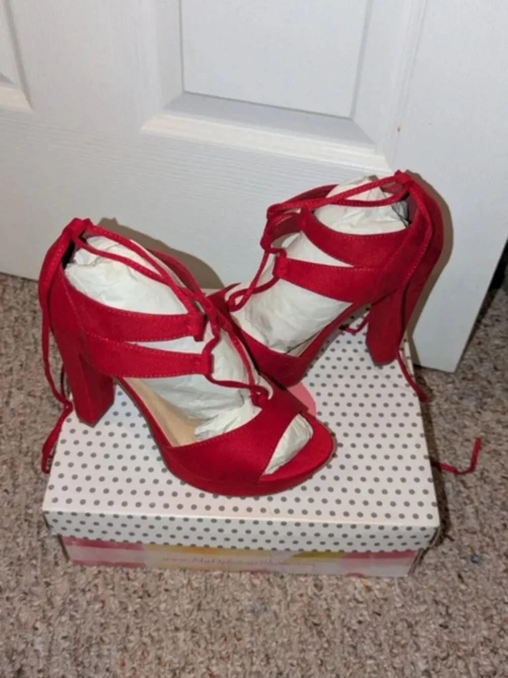 Red Lace Up Block Heels
